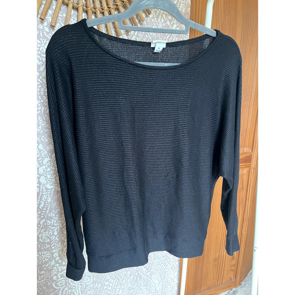 Black Ribbed Crewneck Long Sleeve Drop Shoulder‎ Loungewear Shirt